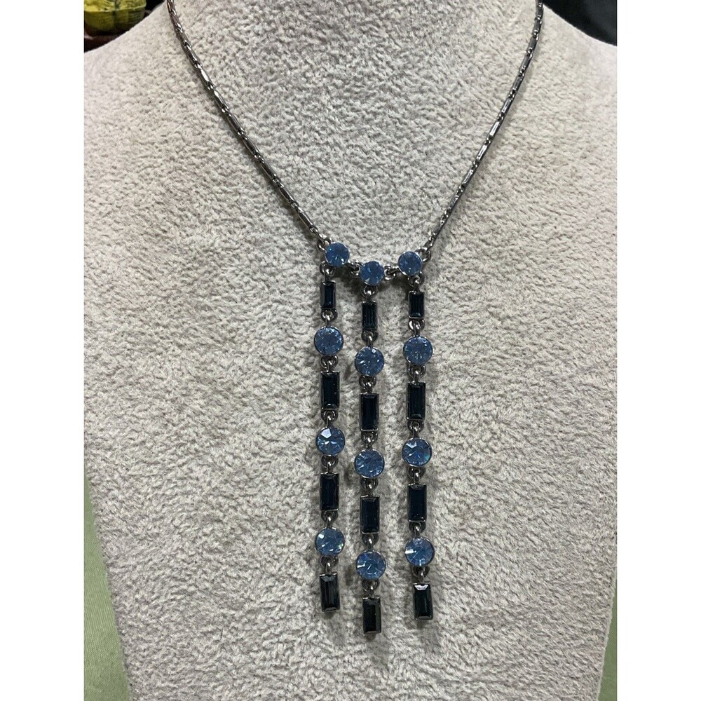 Vintage Givenchy Gunmetal & Blue Crystals Drop Dangle Necklace Signed